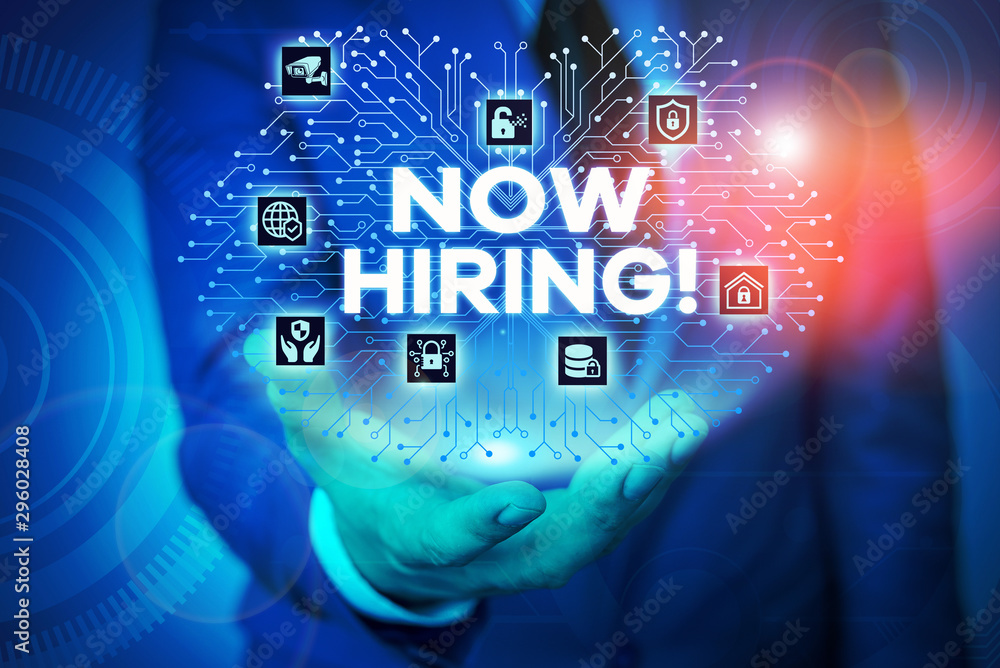 Poster word writing text now hiring. business photo showcasing finding evaluating working relationship with
