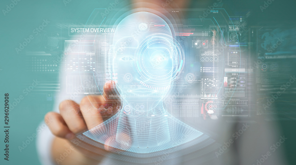 Poster woman using digital artificial intelligence head interface 3d rendering