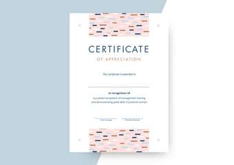 Certificate of appreciation template design. Elegant business diploma layout for training graduation or course completion. Vector background illustration.