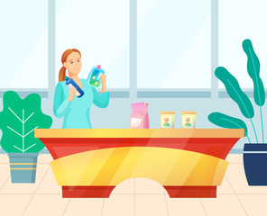 Modern woman buyer choosing household chemical goods in the store. Girl selects fabric softener or washing powder at supermarket, shopping. Vector illustration in flat cartoon style