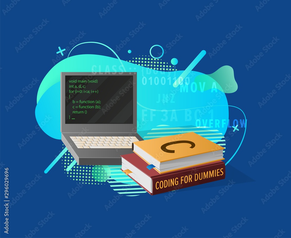 Aufkleber programming equipment, coding for dummies hardcover books and laptop on bright liquid shape in blue 