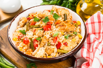 Rice with chicken and vegetables.