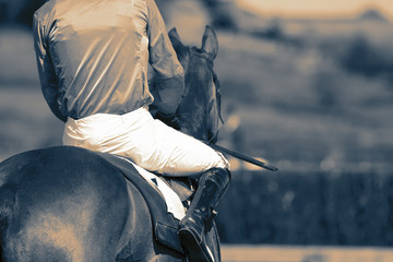 Horse racing jockey riding a horse preparing for the start of a race.  With colour toning