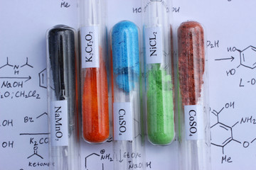 Inorganic chemistry. Colored inorganic salts in test tubes: sodium permanganate, potassium...