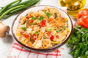Rice with chicken and vegetables.