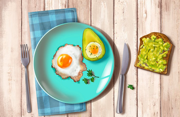 Sandwich with avocado and healthy food on a plate. Plate on a wooden table