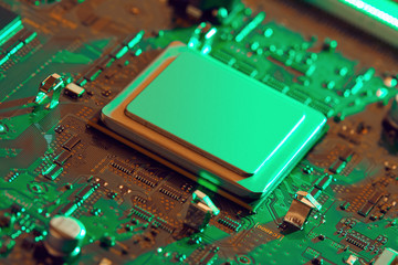 Electronic circuit board close up. Blurry background.