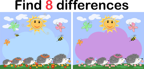 Find the differences between the pictures. Children's educational game. A hedgehog artist on a clearing with a rainbow draws on an easel