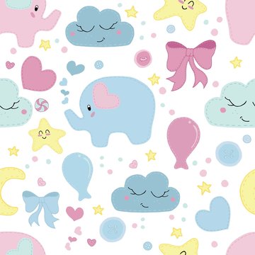 vector seamless pattern, cute children's embroidered with decorative stitching elephants, bows, balls, stars