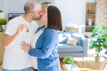 Young couple smiling very happy showing keys of new home, moving and buying new apartmet concept