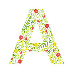 Capital Letter A, Green Floral Alphabet Element, Font Uppercase Letter Made of Leaves and Flowers Pattern Vector Illustration