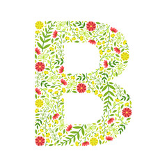 Capital Letter B, Green Floral Alphabet Element, Font Uppercase Letter Made of Leaves and Flowers Pattern