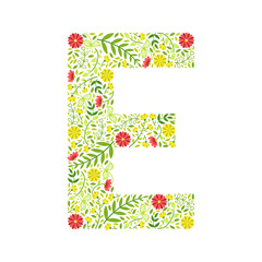 Capital Letter E, Green Floral Alphabet Element, Font Uppercase Letter Made of Leaves and Flowers Pattern Vector Illustration