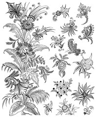 Fabric texture, floral vintage, black and white seamless, home textile, upholstery texture wrap.