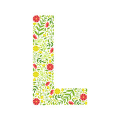 Capital Letter L, Green Floral Alphabet Element, Font Uppercase Letter Made of Leaves and Flowers Pattern Vector Illustration