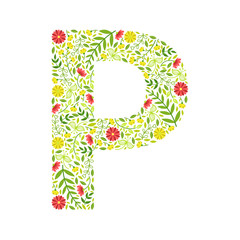 Capital Letter P, Green Floral Alphabet Element, Font Uppercase Letter Made of Leaves and Flowers Pattern Vector Illustration