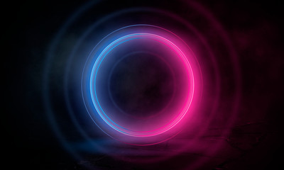 Neon circle on a dark street background, wet asphalt. Blue neon, smoke, smog. Night view of a street with neon. Abstract neon dark background.