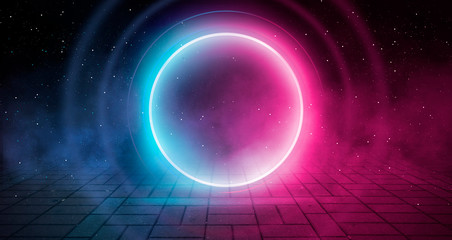 Neon circle on a dark street background, wet asphalt. Blue neon, smoke, smog. Night view of a street with neon. Abstract neon dark background.