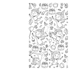 Vector illustration in cartoon style, active company of playful preschool kids jumping, at a party, birthday. Monochrome style in black and white color.