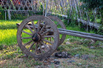 wooden wagon wheel with metal rim in a field  located  in Nan Province,Thailand