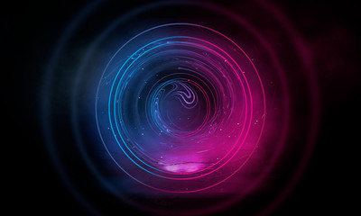Neon circle on a dark street background, wet asphalt. Blue neon, smoke, smog. Night view of a street with neon. Abstract neon dark background.