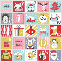 Christmas Advent calendar with hand drawn elements. Xmas Poster. Vector