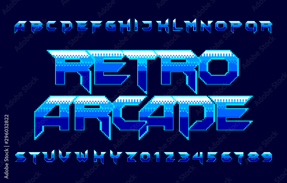 Fototapete retro arcade alphabet font. pixel gradient letters and numbers. 80s video game typescript.