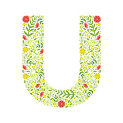 Capital Letter U, Green Floral Alphabet Element, Font Uppercase Letter Made of Leaves and Flowers Pattern Vector Illustration