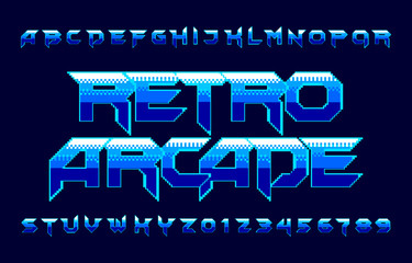 Retro Arcade alphabet font. Pixel gradient letters and numbers. 80s video game typescript. © epifantsev