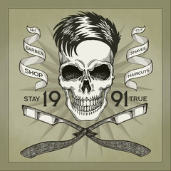 Vintage, hipster skull barbershop logo in old style, vector.