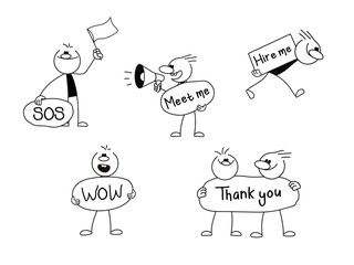 Speech bubbles icons set with people. Doodle cute miniature scenes of workers with chat clouds. Hand drawn cartoon vector illustration for social design.