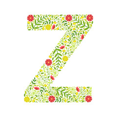 Capital Letter Z, Green Floral Alphabet Element, Font Uppercase Letter Made of Leaves and Flowers Pattern Vector Illustration