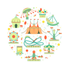 Amusement Park Elements of Circular Shape, Funfair with Carousels, Festive Park Attractions Vector Illustration