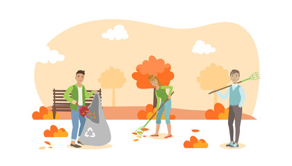 Fototapeta premium People Volunteers Cleaning up Autumn Leaves in the City Park Vector Illustration