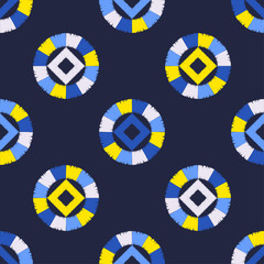 Ethnic boho seamless pattern. Lace. Embroidery on fabric. Patchwork texture. Weaving. Traditional ornament. Tribal pattern. Folk motif. Vector illustration for web design or print.