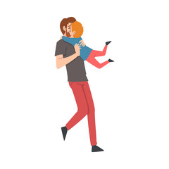 Father circles his son in his arms cartoon vector illustration