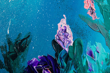 painting on canvas, drops of paint, expression, modern art, purple, blue, green, flowers