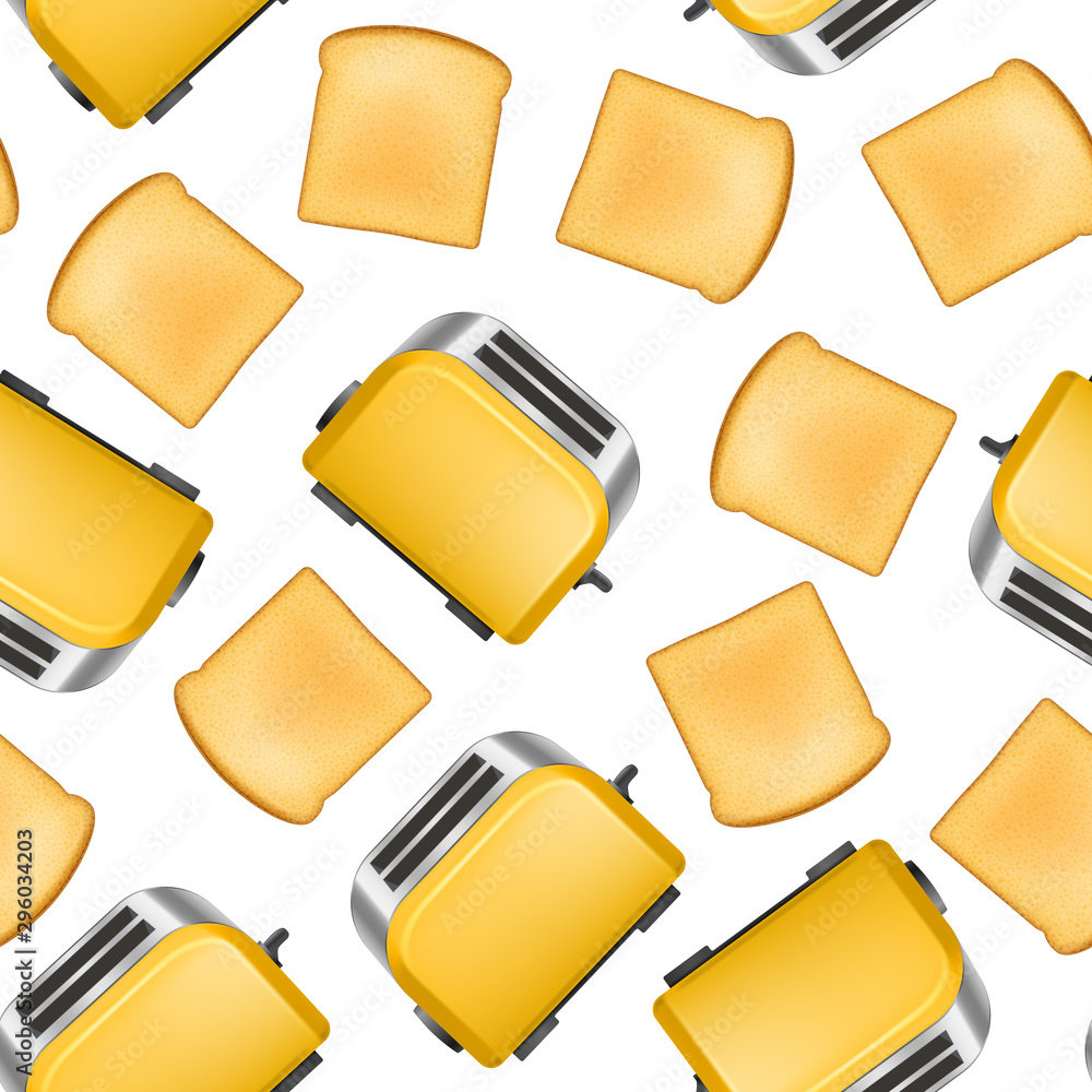 Poster realistic detailed 3d glossy toaster with bread seamless pattern background. vector