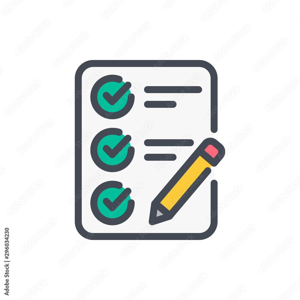 Poster checklist color line icon. report with pencil vector outline colorful sign.