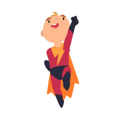 Boy dressed as superhero jumps to take off cartoon vector illustration