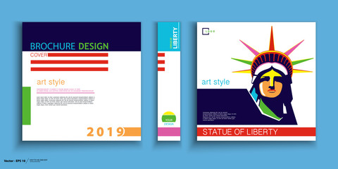 Brochure cover design template. Geometric design, portrait of Statue of Liberty. New York. First page, layout. Blue and black design. Book, booklet album, poster. Annual report, title.A4 format, text © VASYL