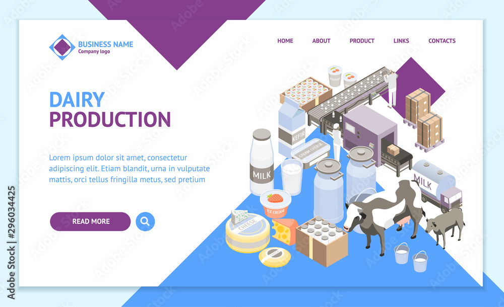 Aufkleber milk factory landing web page template 3d isometric view. vector