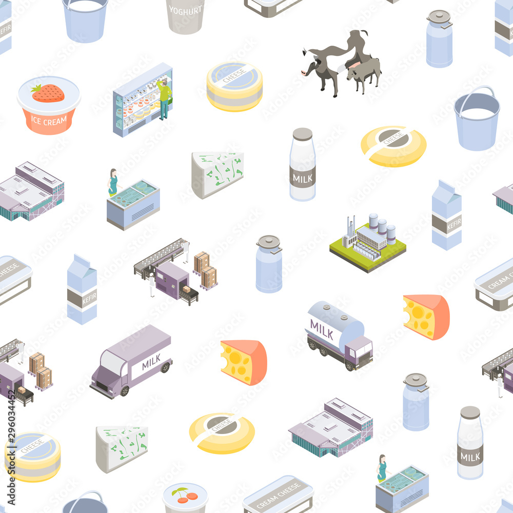 Poster milk factory signs 3d seamless pattern background isometric view. vector
