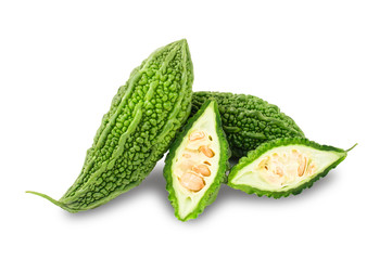 Bitter melon, (common name as bitter gourd, cucumber, Momordica charantia ) with long half  sliced...