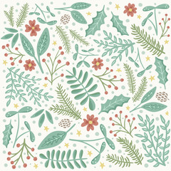 Christmas flowers, holly and pine square pattern background