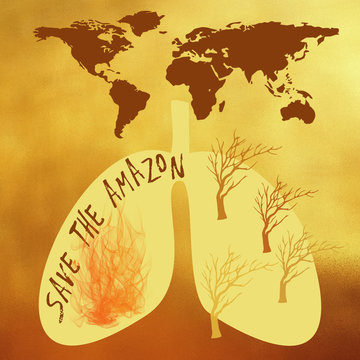 SaveSave the Amazon with world map, lungs, fire and tree silhouettes