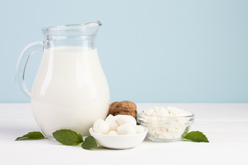 Mozzarella cheese and jug of fresh milk