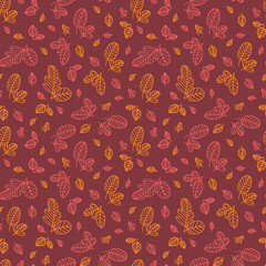 Vector flat colorful autumn leaf seamless pattern template. Red and yellow outline leaves on brown background. Floral design tile for wrapping paper, texture, print, scrapbook
