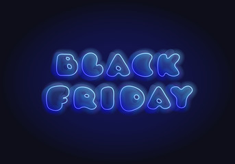 Vector elegant neon light black friday horizontal banner template. Light blue text with liquidreflections on dark modern background. Design element for poster, ad, sale, greeting card, voucher