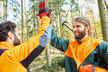 Zwei Waldarbeiter motivieren sich mit High Five